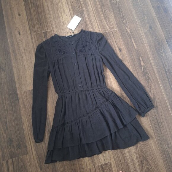 NWT Zara Black Tiered Embroidered Mini Dress Lined 100% Cotton - Picture 2 of 9